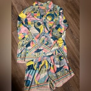 Show Me Your Mumu Satin Pajama Set Top & Shorts M Retro Print NWOT